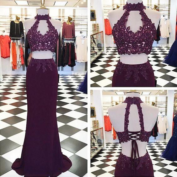 Beading Appliques Halter Stretch Satin Two Pieces Prom Dresses 2024 WK667