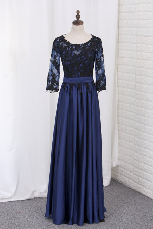 2024 A Line Prom Dresses 3/4 Length Sleeves Scoop Chiffon With Black Applique Floor Length