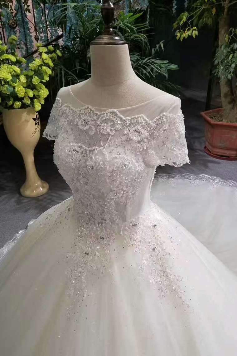 Hot Selling Cheap Price Tulle Scoop Neck Wedding Dresses Lace Up With Appliques And Crystals