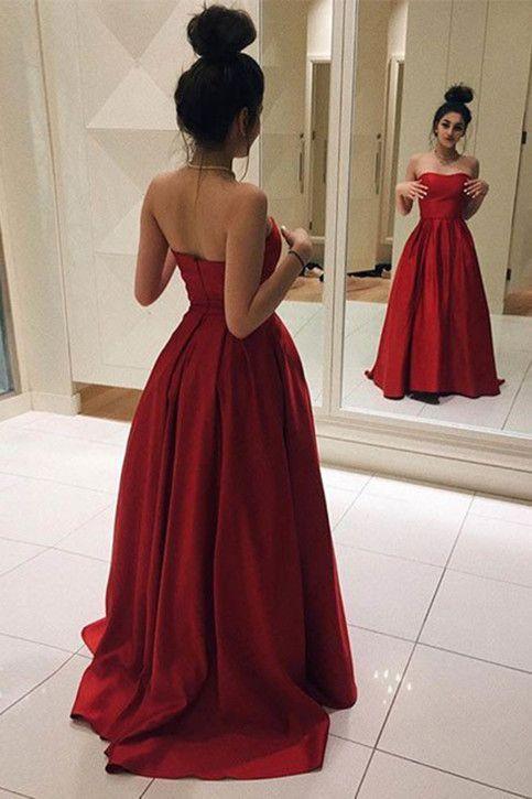 Red Long Elegant Red Satin Ball Gown Simple Sweetheart Prom Dresses WK611