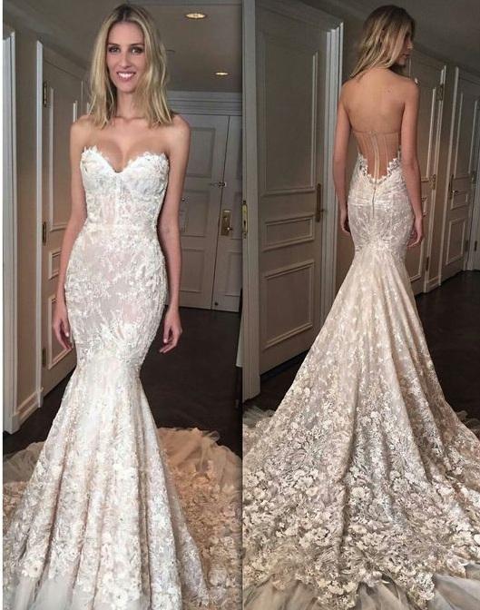 Gorgeous Mermaid Sweetheart Court Train Tulle Wedding Dresses with Appliques Lace WK275