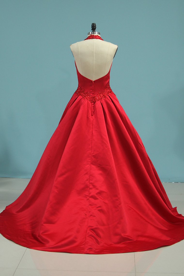 Halter Prom Dresses Open Back A Line Satin With Beading