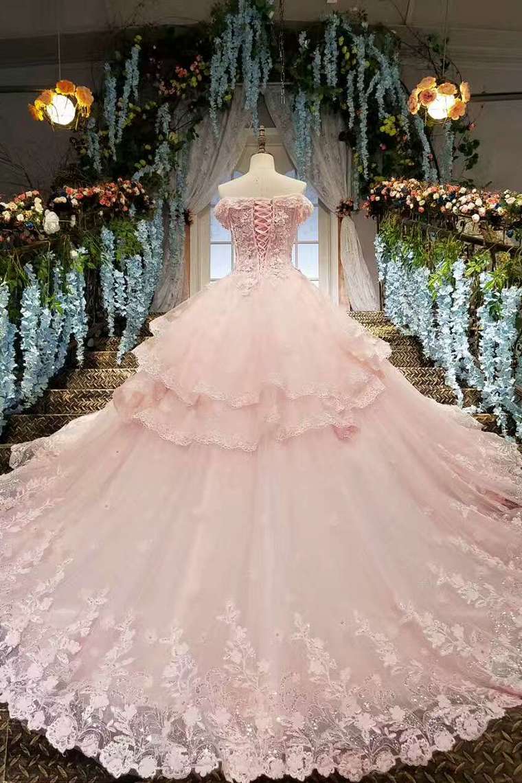 2024 Tulle Awesome Pink Wedding Dresses Off The Shoulder Lace Up With Appliques And Crystals