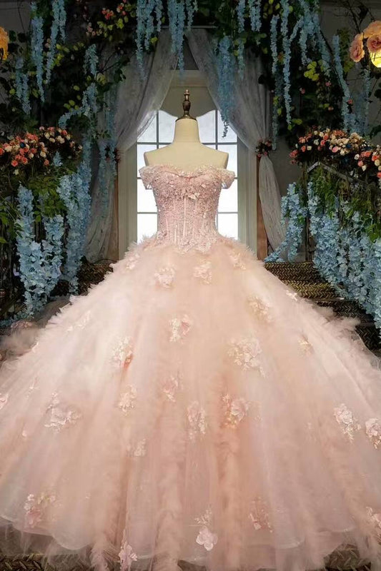 2024 Fantastic Pink Wedding Dresses Lace Up With Beads And Handmade Flowers Ball Gown
