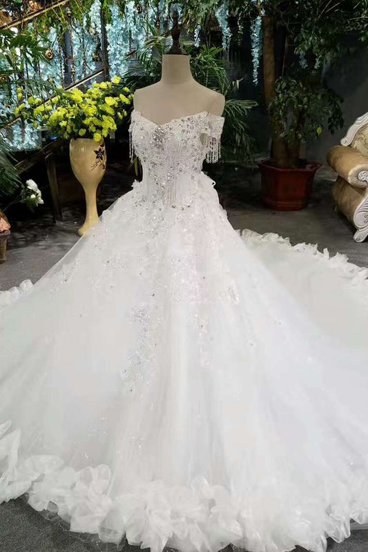 2022 Fantastic Bling Bling Wedding Dresses Off The Shoulder With Appliques And Sequins Lace Up Tulle