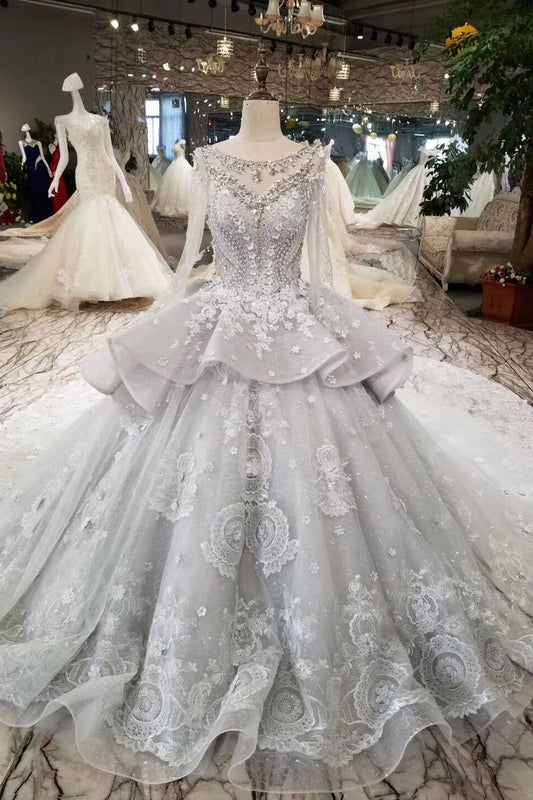 2024 Silver Wedding Dresses Ball Gown Long Sleeves Royal Train Top Quality Lace With Applique & Beading