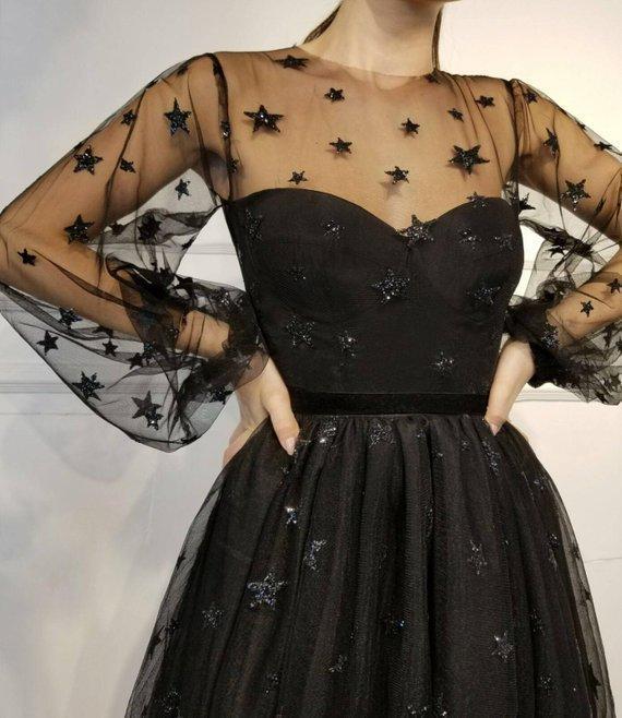 Cute Long Sleeve Tulle Above Knee Homecoming Dresses with Stars Short Dresses WK780