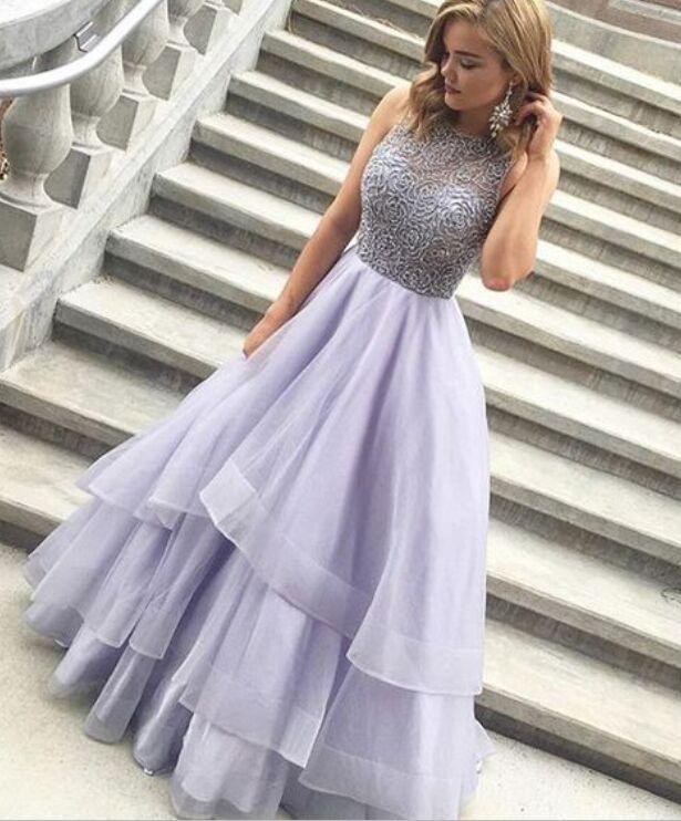 Charming A-Line High Neck Purple Beads Open Back Tulle Evening Dress Prom Dresses WK418