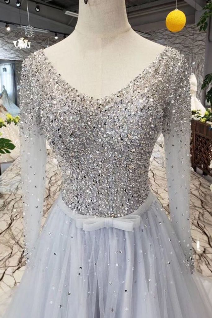 Unique Long Sleeve Tulle Sequins Prom Dresses with Lace up V Neck Evening Dresses WK796