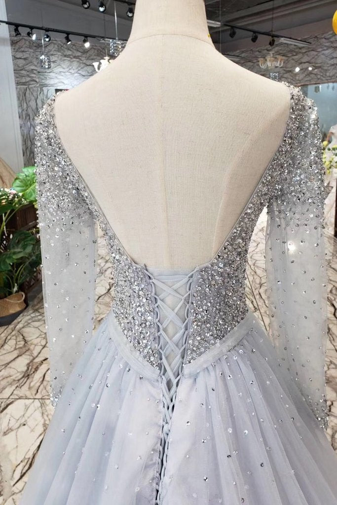 Unique Long Sleeve Tulle Sequins Prom Dresses with Lace up V Neck Evening Dresses WK796