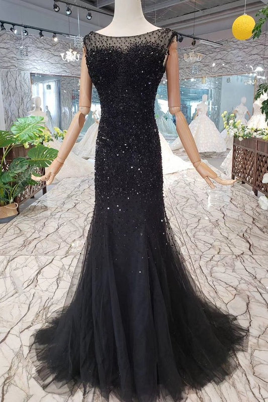 Mermaid Black Sequins Tulle Bodice Prom Dresses with Straps Long Evening Formal Dress WK797