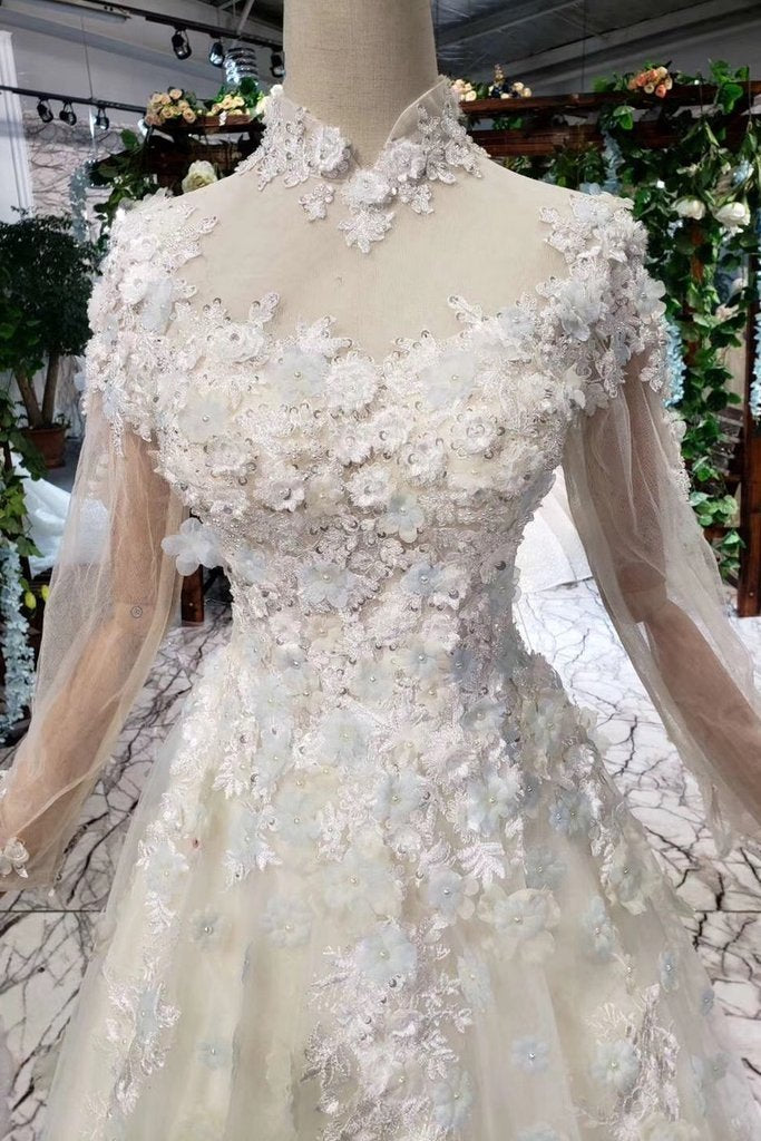 Princess Tulle High Neck Long Sleeve Handmade Flowers Lace up Prom Dresses WK795