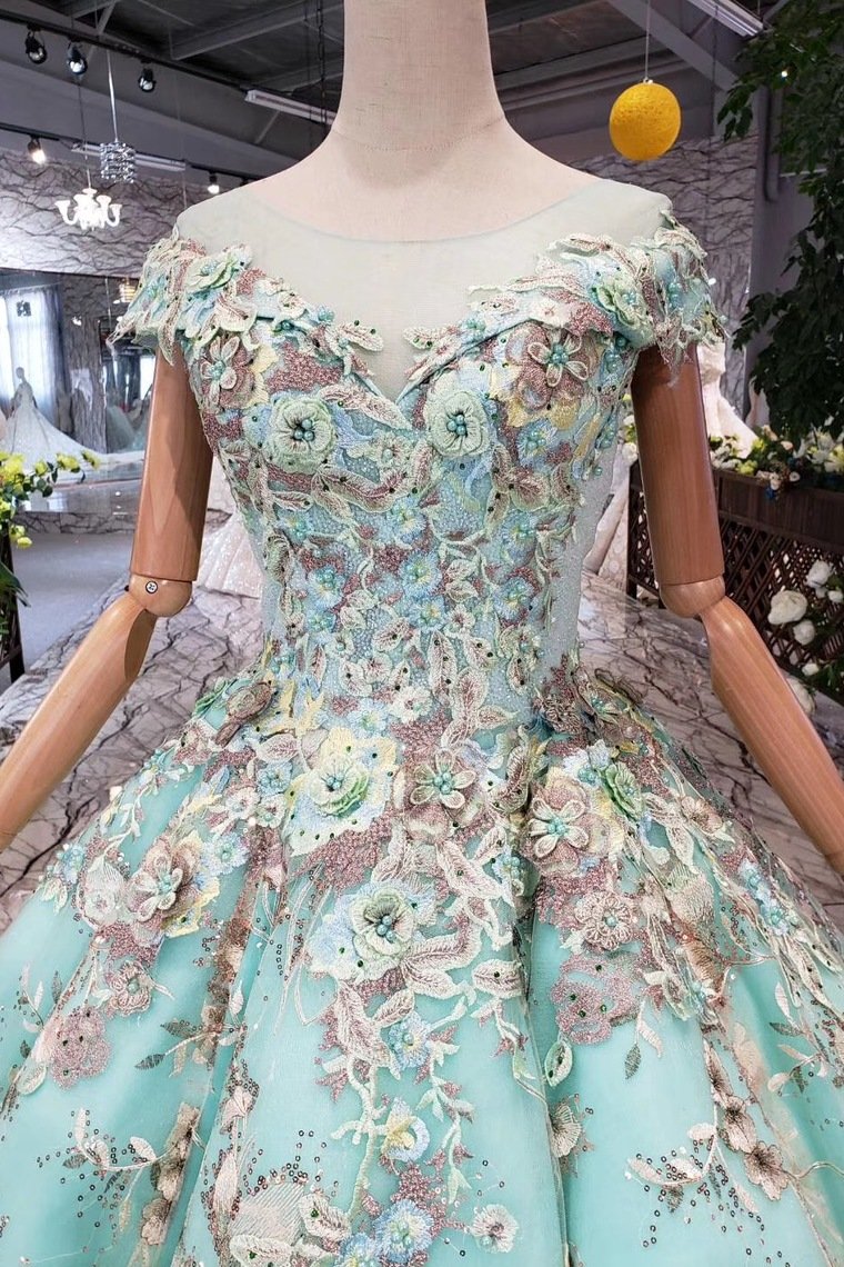 Elegant Ball Gown Cap Sleeve Lace up Scoop with Lace Appliques Beads Prom Dresses WK789