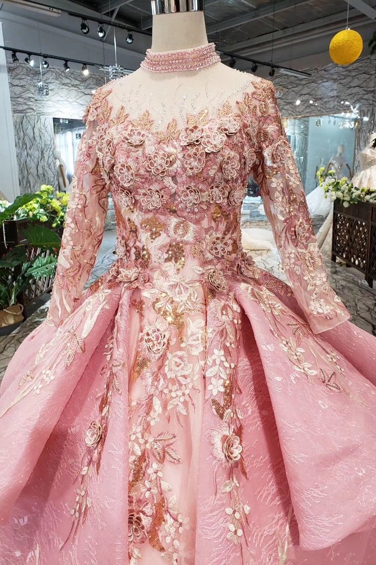 Long Sleeve Ball Gown High Neck With Lace Applique Beads Lace up Prom Dresses WK793