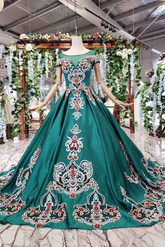 Simple Green Satin Short Sleeve Ball Gown Lace up with Applique Beads Prom Dresses WK792