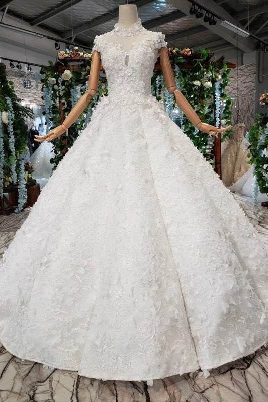 New Arrival Wedding Dresses Cap Sleeves High Neck Ball Gown With Appliques WK794