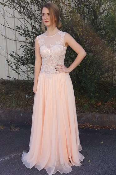 A-Line Peach Chiffon Sleeveless Pink Scoop Sweetheart Open Back Prom Dresses WK795