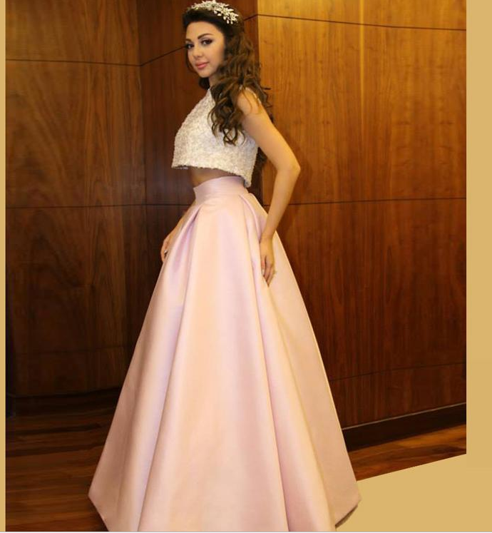 A Line Two Pieces Pink Long Satin Prom Dresses Evening Dresses