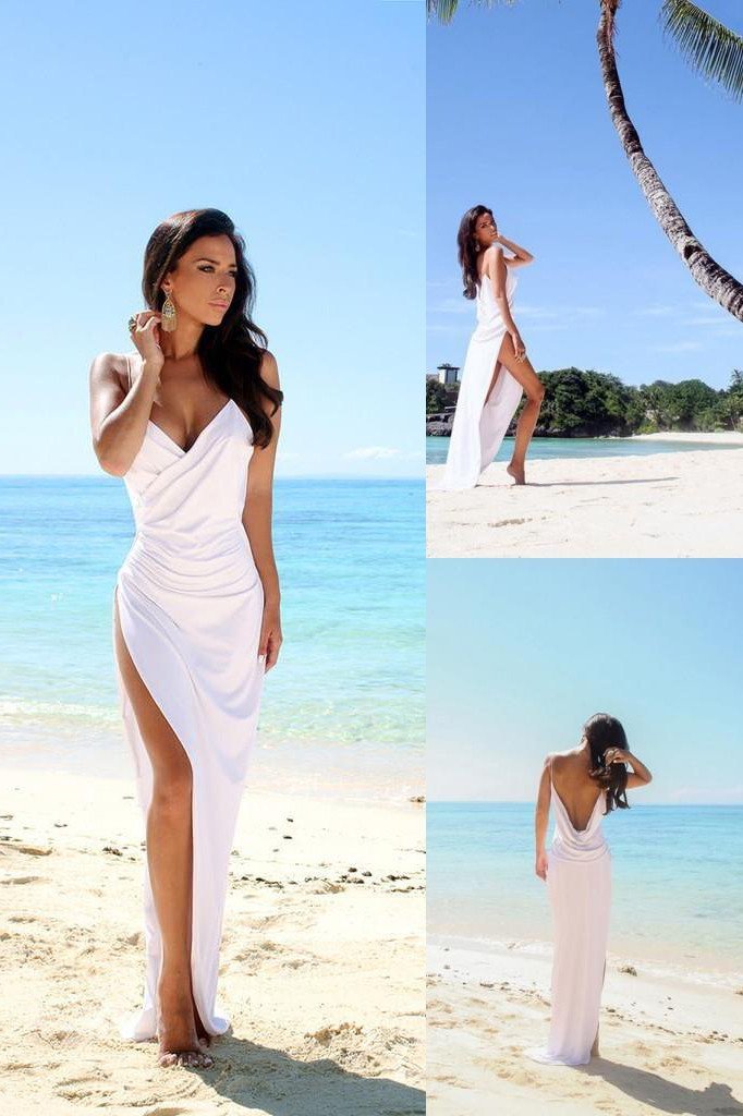 Simple Sexy Open Back Beach Side Slit Spaghetti Straps Summer White Wedding Dresses WK22