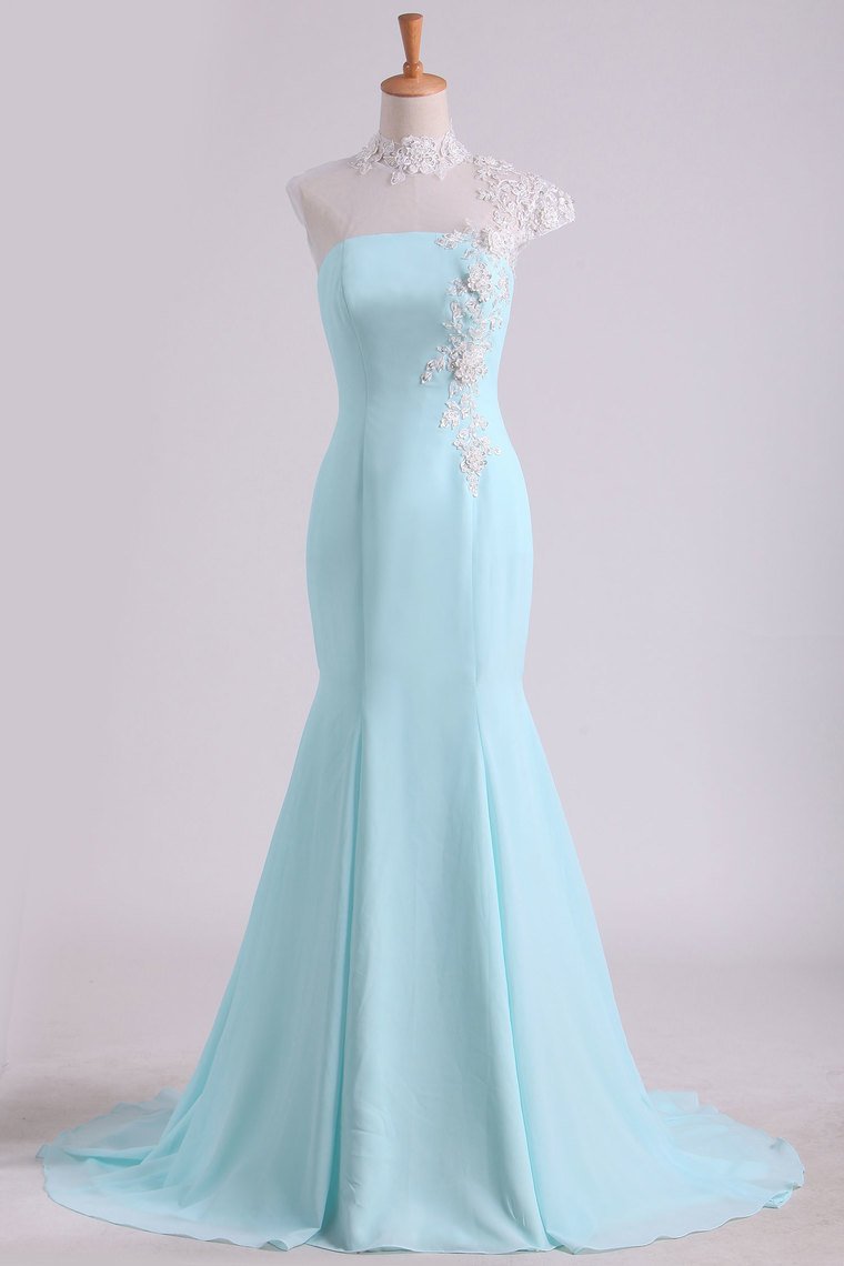 Mermaid Prom Dresses High Neck Chiffon With Applique And Beads Sweep Train
