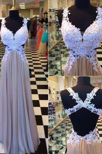 V-neck Applique Backless Long Chiffon Criss Cross A-Line Sleeveless Prom Dresses WK72