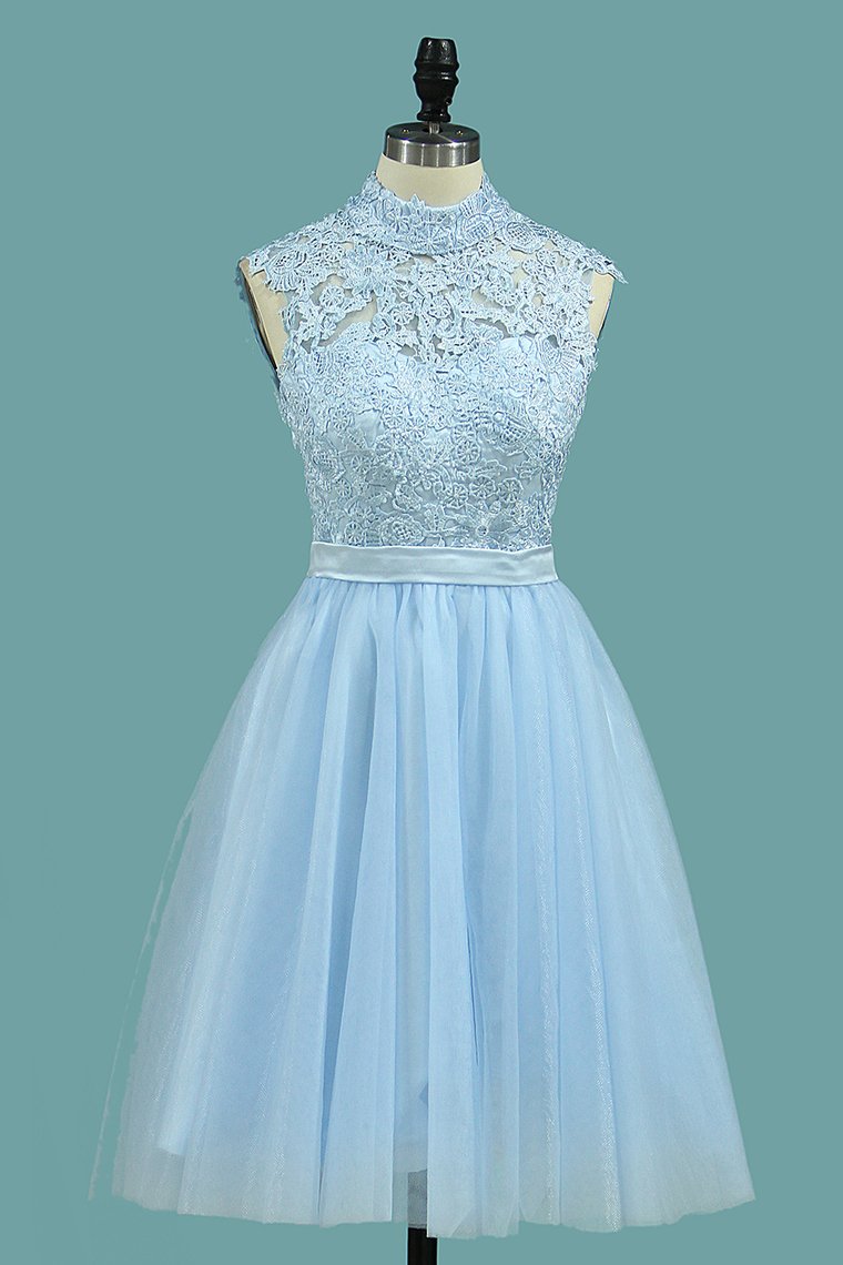 2024 A Line Homecoming Dresses High Neck Tulle With Applique