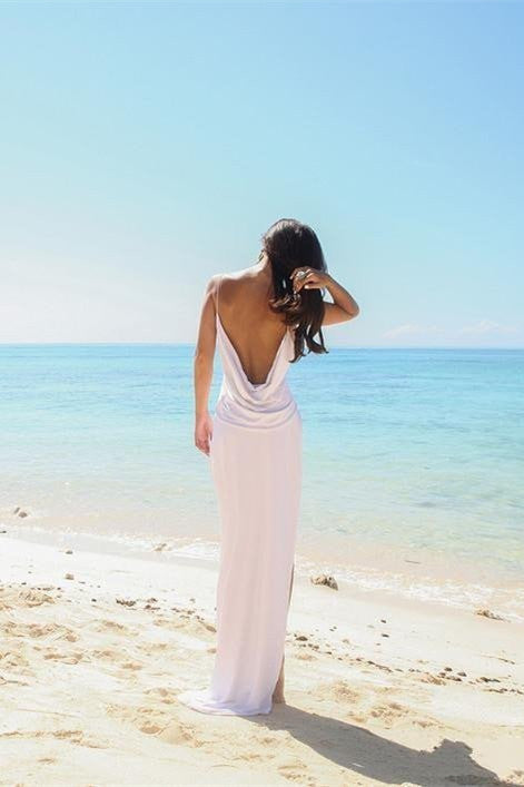 Simple Sexy Open Back Beach Side Slit Spaghetti Straps Summer White Wedding Dresses WK22