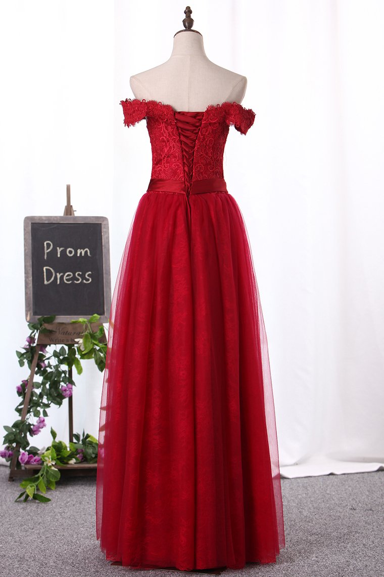 Off The Shoulder Prom Dresses A Line Tulle With Applique And Sash