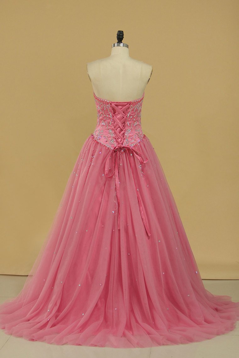 Ball Gown Beaded Bodice Quinceanera Dresses Sweetheart Tulle Sweep Train