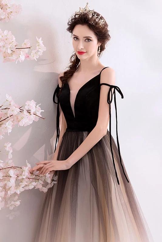 Spaghetti Straps Black Deep V Neck Formal Dress, Floor Length Tulle Ombre Prom Dresses SWK15409