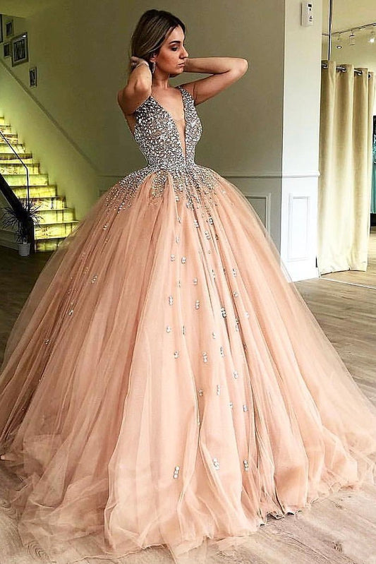 Unique Ball Gown V Neck Sleeveless Beading Tulle Prom Dresses Quinceanera SWK14316