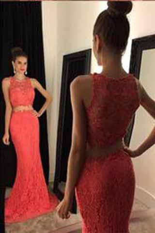 Two Piece Lace Mermaid Peach Long Sexy Sleeveless Prom Dresses WK962