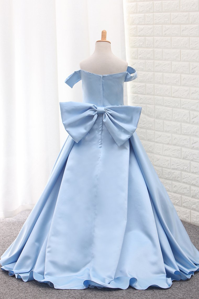 Satin A Line Off The Shoulder Asymmetrical Flower Girl Dresses With Bow Knot