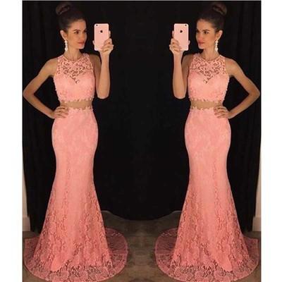 Two Piece Lace Mermaid Peach Long Sexy Sleeveless Prom Dresses WK962