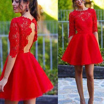 Blush red half sleeve see through lace open back charming homecoming prom gown dress BD0023