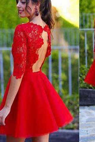 Blush red half sleeve see through lace open back charming homecoming prom gown dress BD0023