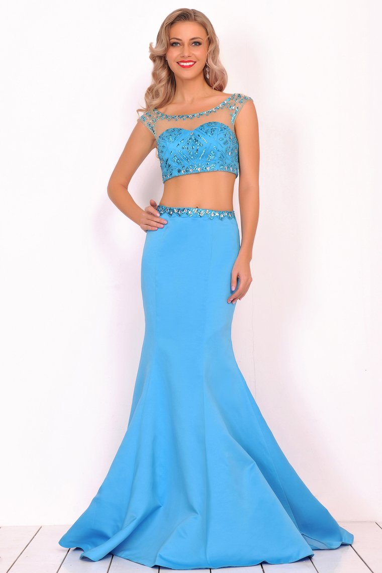 Two-Piece Scoop Prom Dresses Mermaid Satin With Beading