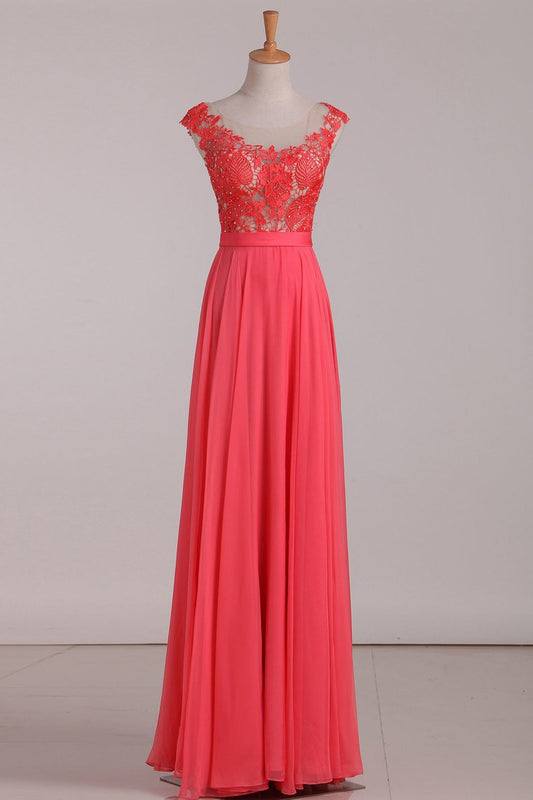 Chiffon & Lace Scoop Prom Dresses A Line With Beading Floor Length