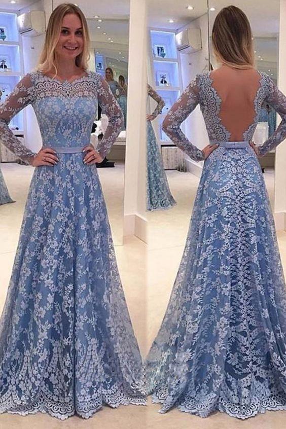 Blue Backless Lace Long Sleeves Jewel Bowknot Sweep Train Long Prom Dress