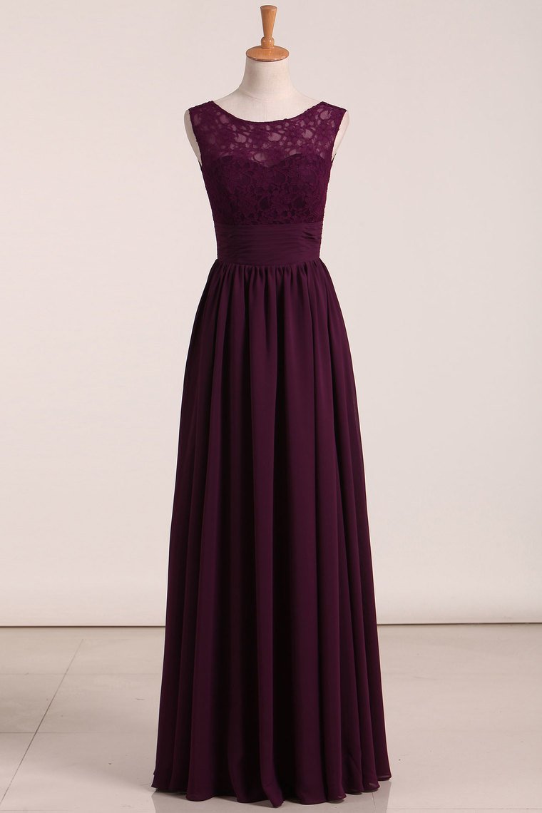 A Line Scoop Lace Bodice Chiffon Floor Length Prom Dress