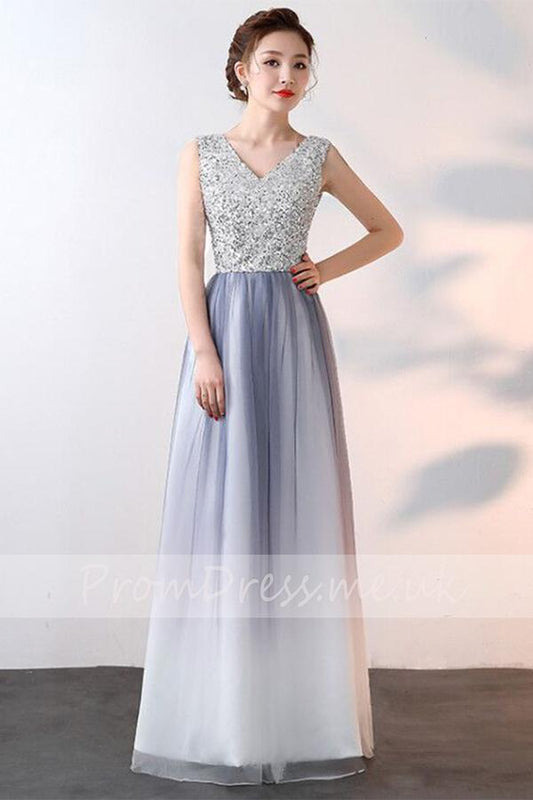 Elegant A-Line Ombre Tulle Beads V-Neck Sleeveless Open Back Prom Dresses WK536