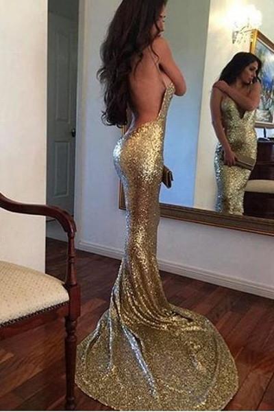 Sequin Mermaid Long Gold Sexy Deep V-Neck Spaghetti Strap Backless Sparkly Prom Dresses WK371