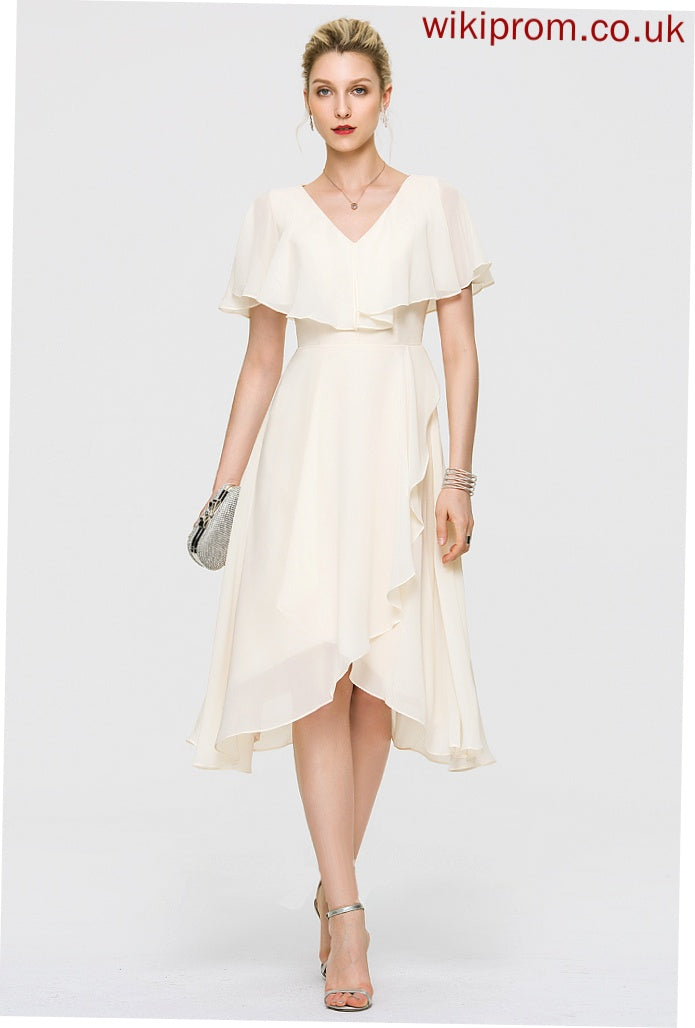 Chiffon Wedding Dresses Viola Dress A-Line Asymmetrical With V-neck Cascading Ruffles Wedding Bow(s)