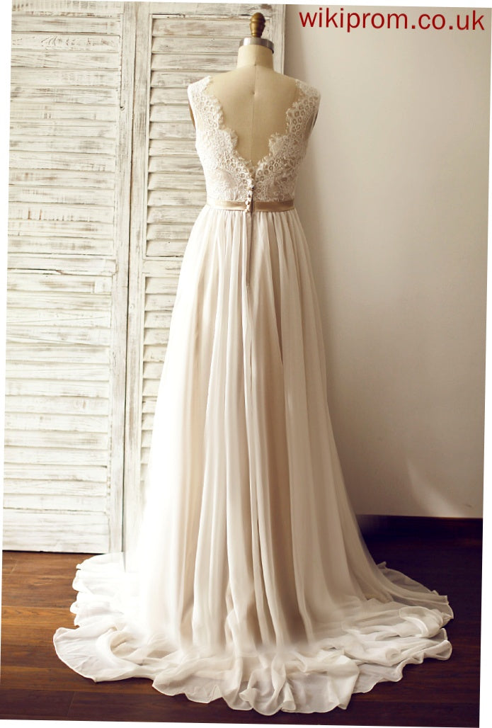 Chiffon V-neck Wedding A-Line Isabelle With Wedding Dresses Train Court Lace Dress Lace