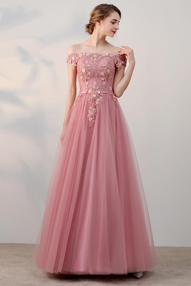 Chic A-Line Off-the-Shoulder Pink Appliques Lace-up Tulle Modest Long Prom Dresses WK410