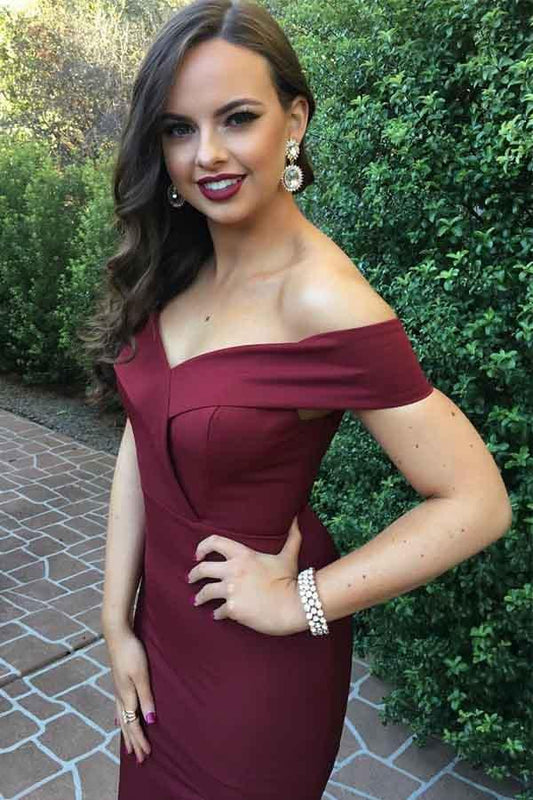 2024 Charming Off the Shoulder Burgundy Satin Mermaid Long Prom Dresses With Slit WK384