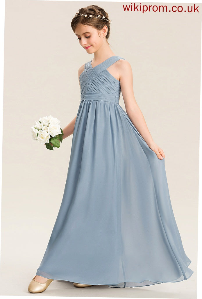 Chiffon Ruffle A-Line Aniya V-neck Floor-Length Junior Bridesmaid Dresses With