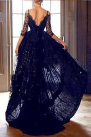 Elegant High Low Half Sleeves Sweetheart Black Backless Lace Evening Dresses WK820