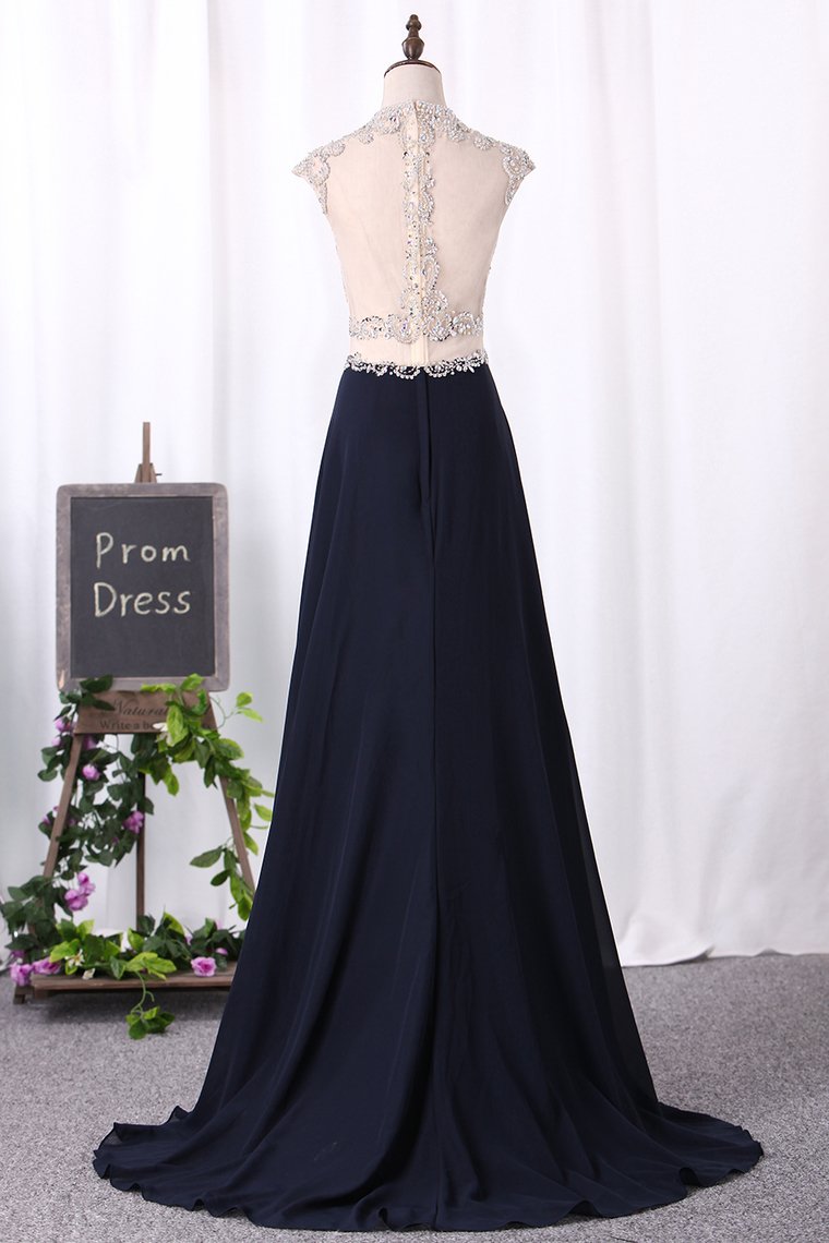 A Line Prom Dresses Scoop Chiffon & Tulle With Beaded Bodice And Slit