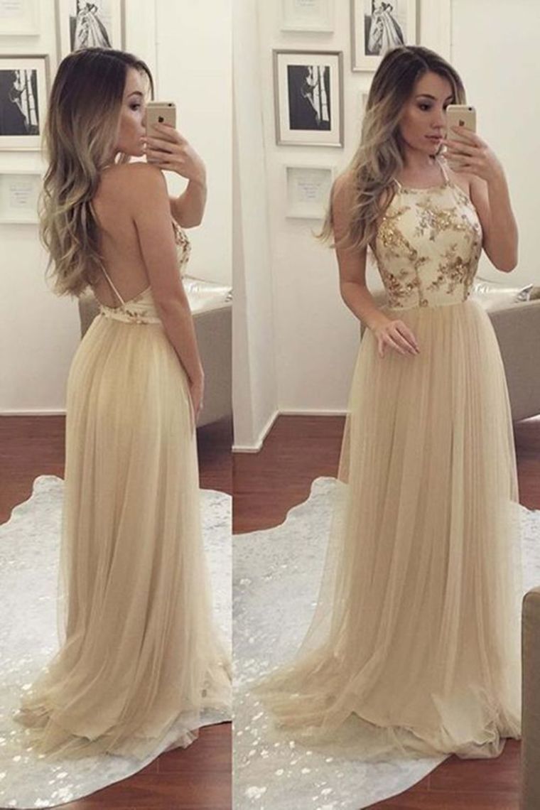 A Line Prom Dresses Open Back Spaghetti Straps Beaded Bodice Tulle